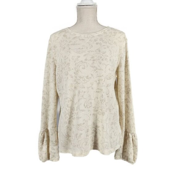 Caribbean Joe Waffle Pullover Shirt Womens Size XL Long Sleeve Beige Floral - Picture 1 of 7